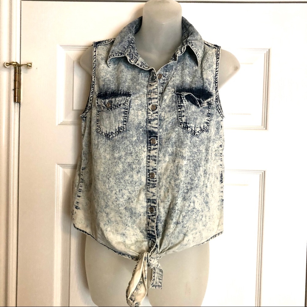 Stonewashed Sleeveless Denim Tie Front Top